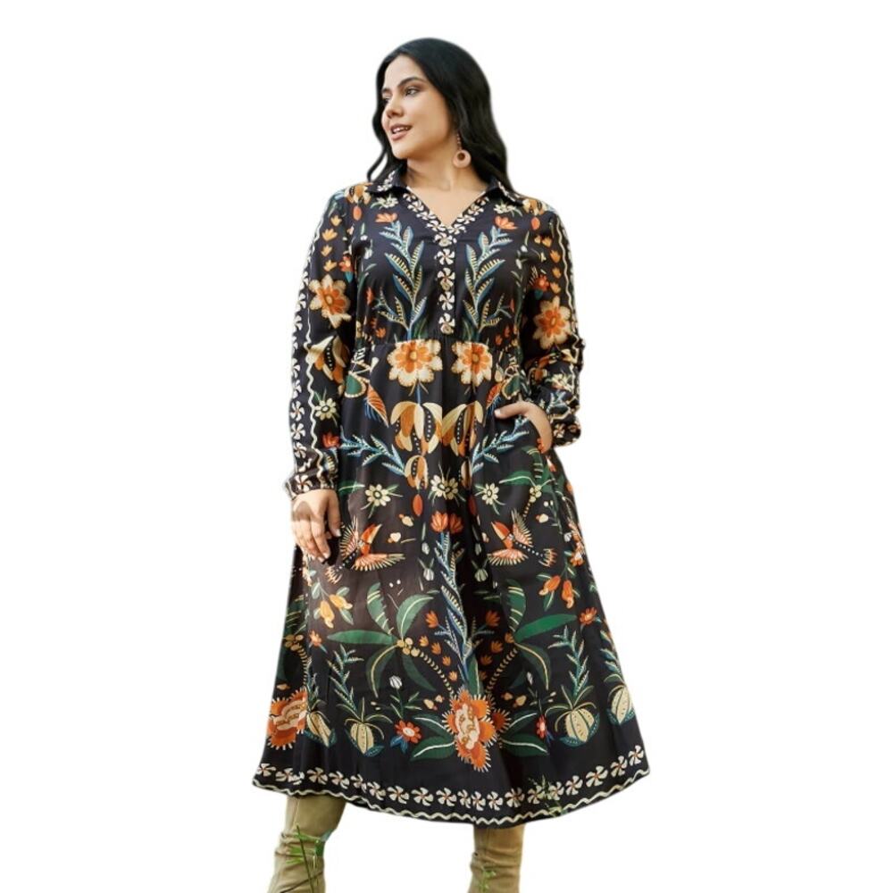 BloomChic Black Floral Long Sleeve Maxi Dress 22-24 Tiered Boho Rio Lightweight
